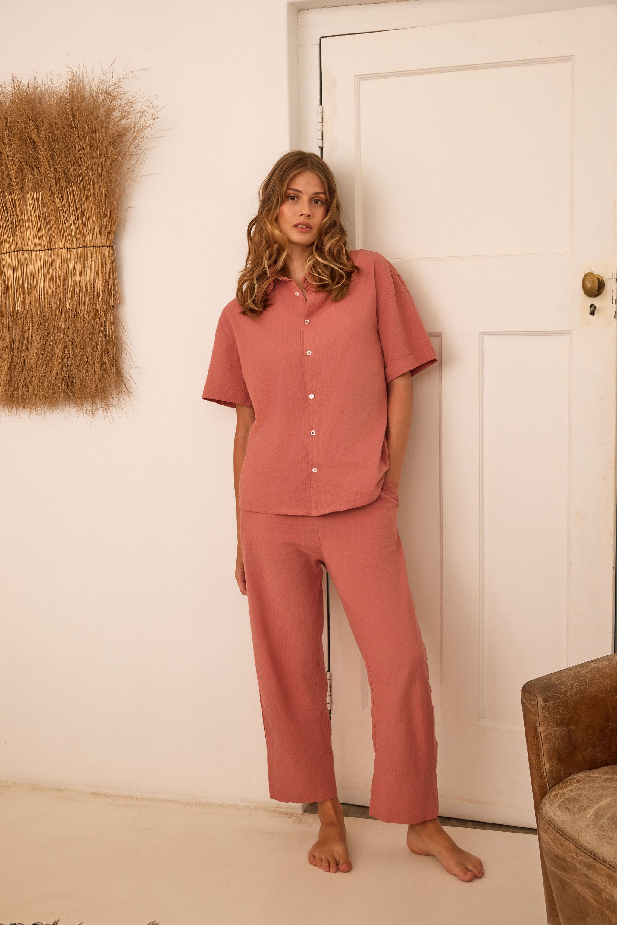 Samira sleepwear set with long pants in Peach sorbet